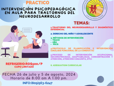 CURSO TALLER PRACTICO PRESENCIAL: INTERVENCION PSICOPEDAGOGICA EN AULA PARA TRASTORNOS DEL NEURODESARROLLO